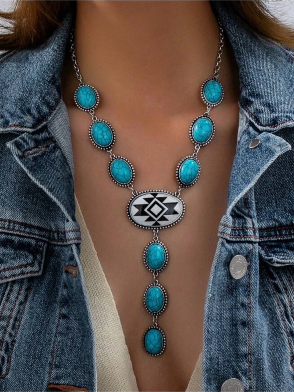 Boho turquoise statement Y necklace w/ tribal pendent, new!